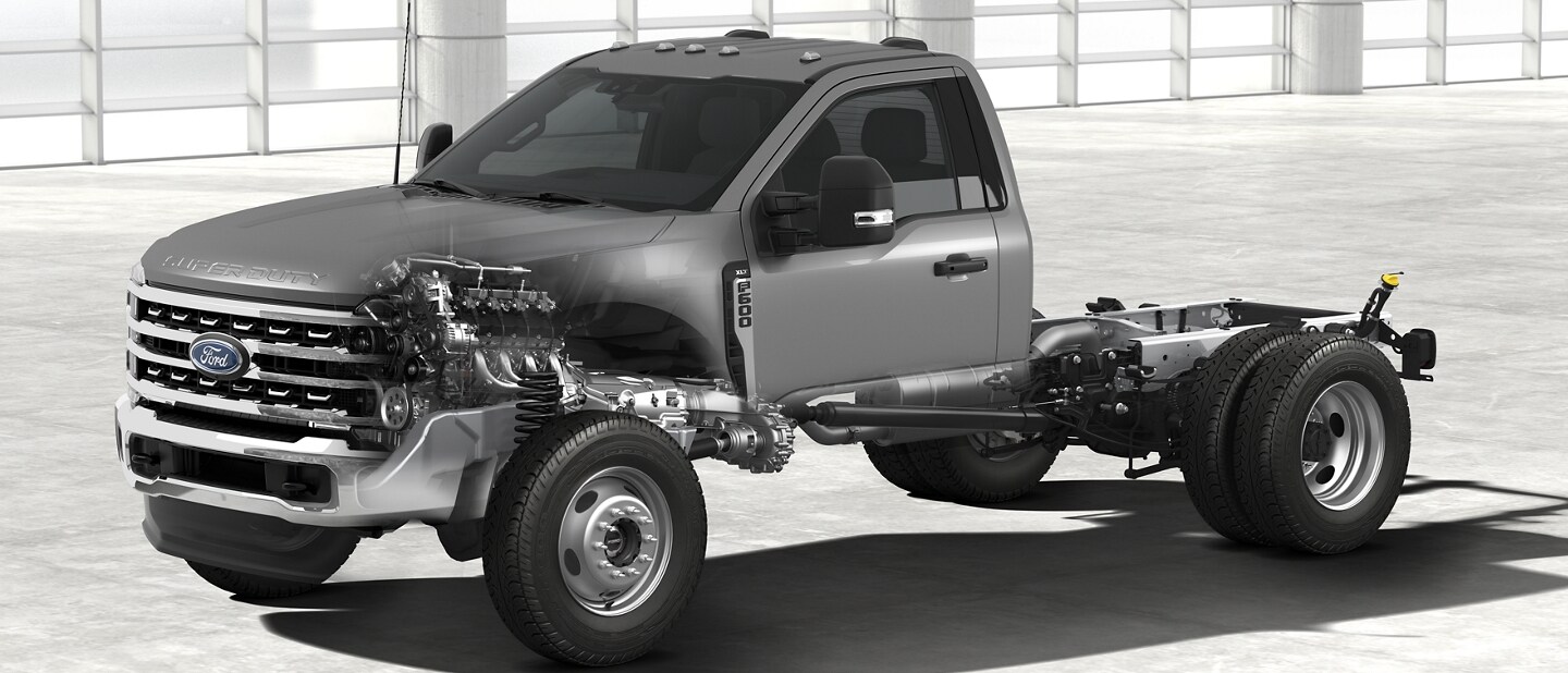 2023 Ford Super Duty® Chassis Cab F-600® truck with engine showing through transparent exterior