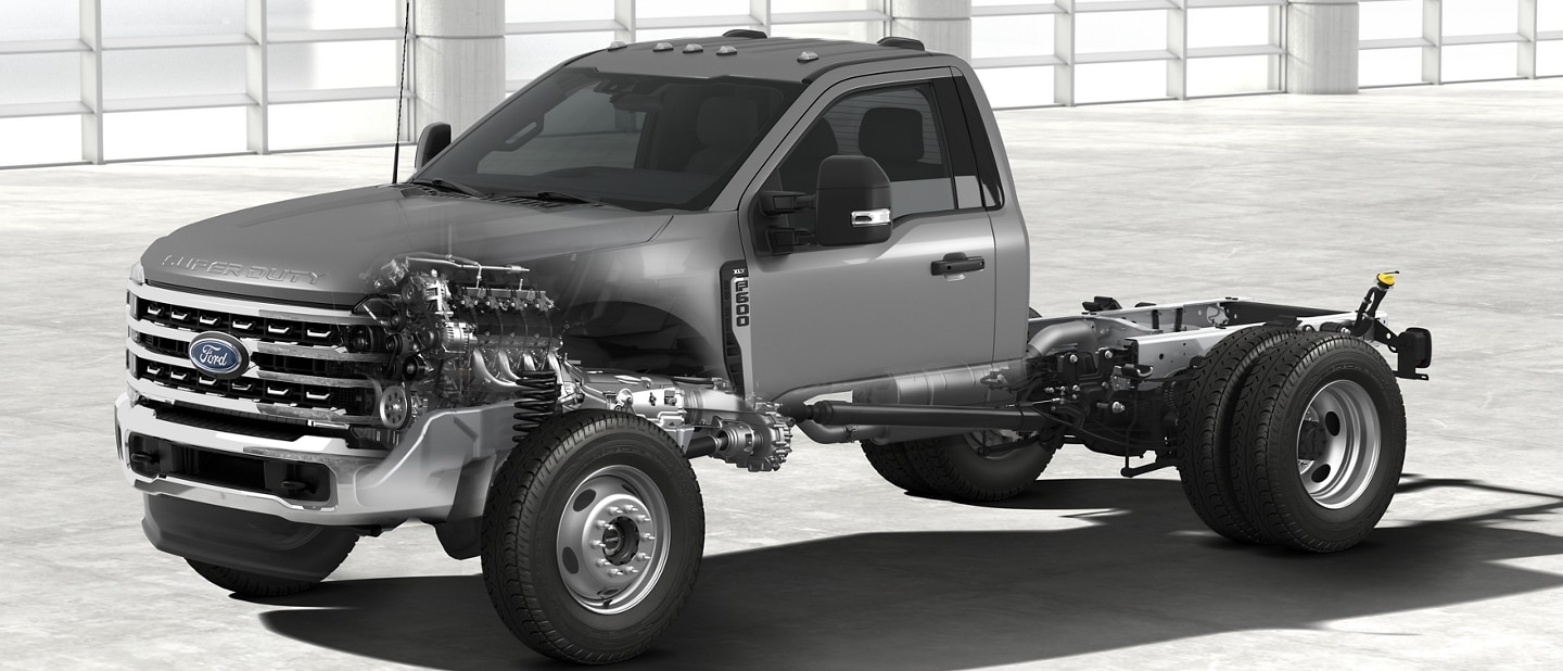 2024 Ford Super Duty® Chassis Cab F-600® truck with engine showing through transparent exterior