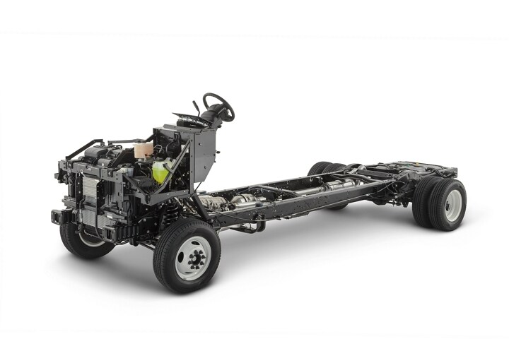 Side view of a 2024 Ford E-Series Stripped Chassis with no body on a white background
