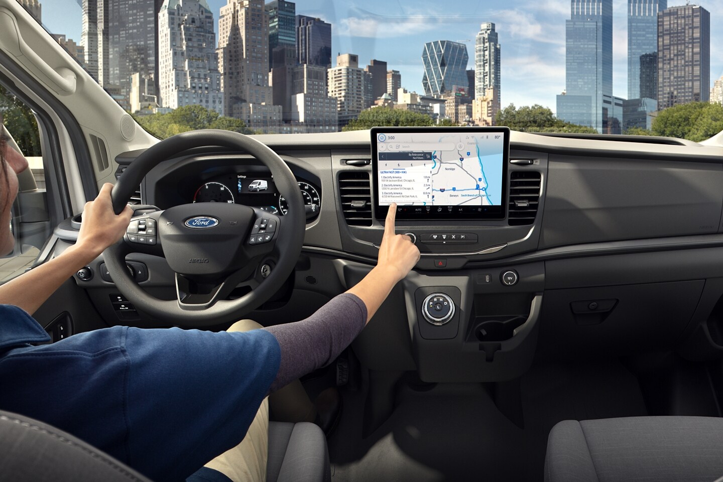2024 Ford E-Transit navigating through city.
