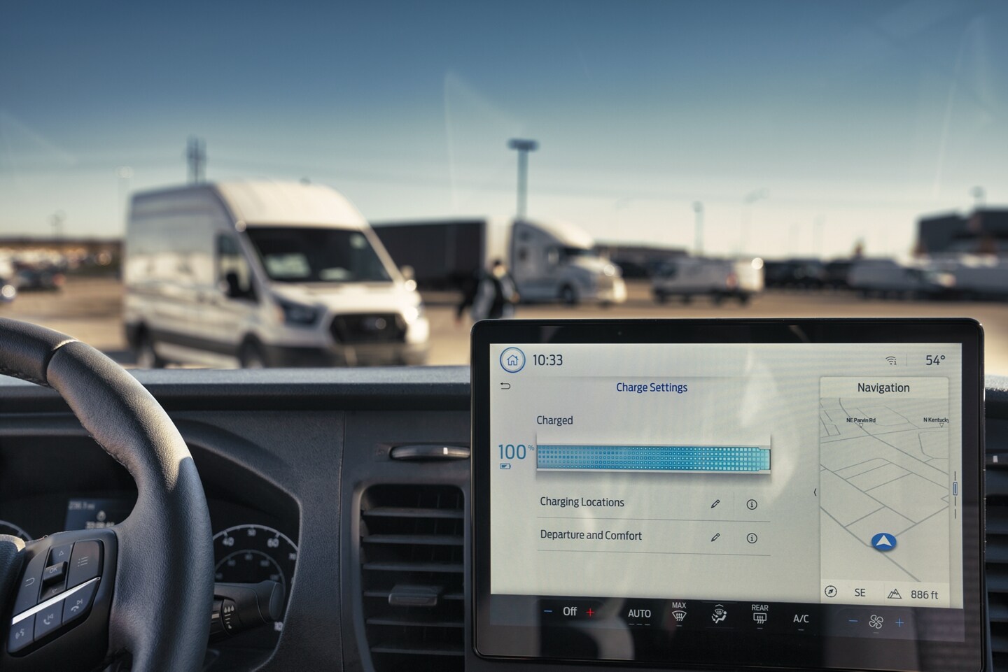 2024 Ford E-Transit Touchscreen dash showing battery levels.