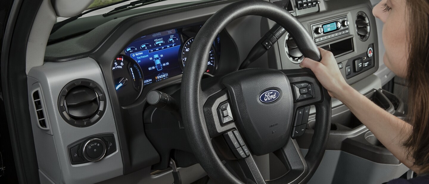 Close-up of the 2024 Ford E-Series Cutaway steering wheel and column