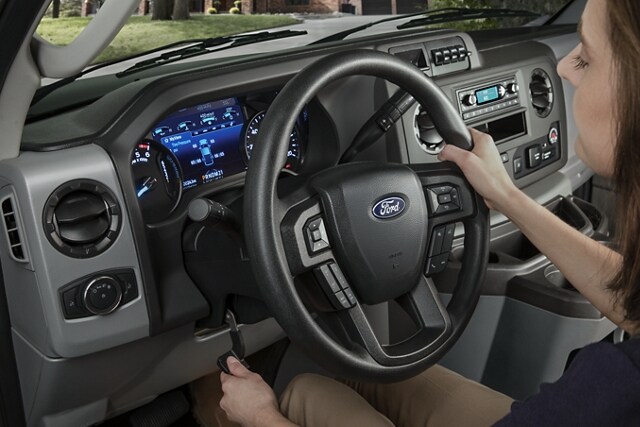 Close-up of the 2024 Ford E-Series Cutaway steering wheel and column