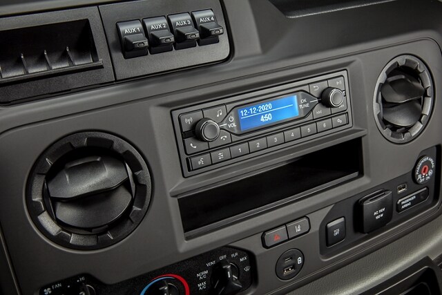 Close-up of the 2026 Ford E-Series Cutaway center panel radio
