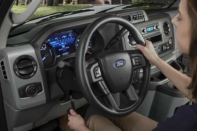 Close-up of the 2026 Ford E-Series Cutaway steering wheel and column