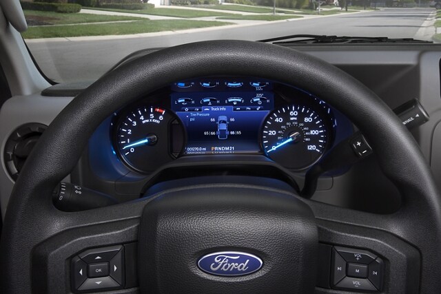 Close-up of the 2026 Ford E-Series Cutaway instrument cluster