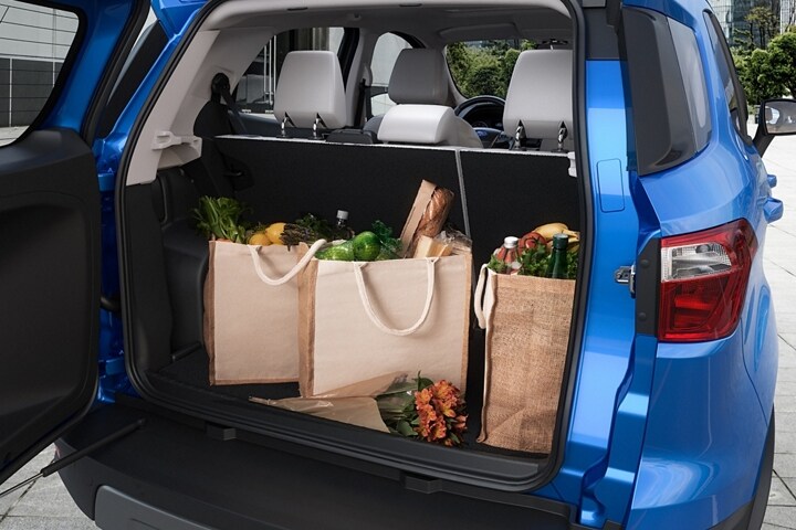 Una Ford EcoSport 2021 con la Puerta Trasera abierta que muestra bolsos de abarrotes y flores dentro