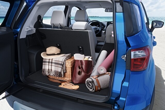 A 2021 Ford Ecosport with an open rear swing gate and trunk full of beach gear