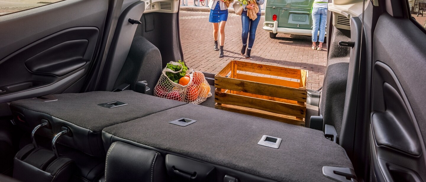 Two women loading flowers into 2021 Ford EcoSport with 60 40 split fold seats folded down as seen from inside the vehicle