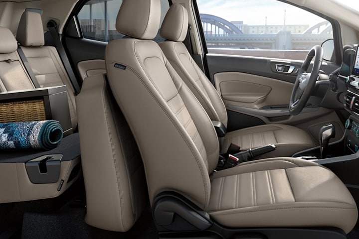 Side view of 2022 Ford EcoSport® Seating in Light Stone Gray with one second row seat folded down and rear filled with cargo