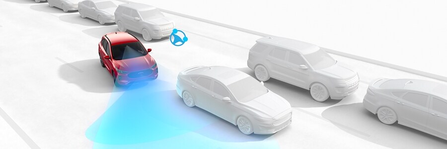 Still frame of Evasive Steering Assist feature in use