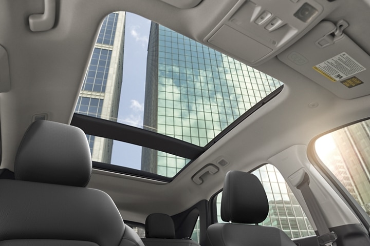 Interior de la Ford Escape® 2023 mirando hacia afuera y a través del techo panorámico Vista Roof® disponible