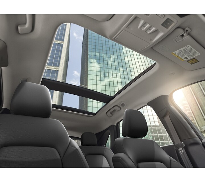Panoramic Vista Roof® open, viewed from interior with glass skyscrapers visible
