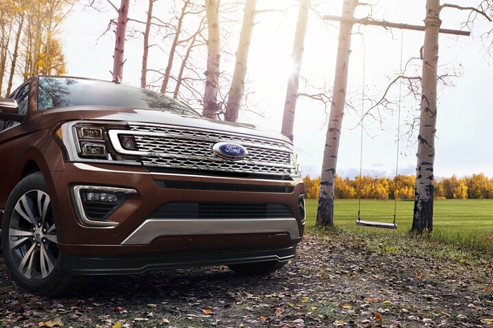 Distinctive grille of the 2021 Ford Expedition parked beside a grassy area with swings