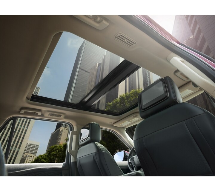 Interior close-up of the 2024 Ford Expedition Panoramic Vista Roof® panels and their view