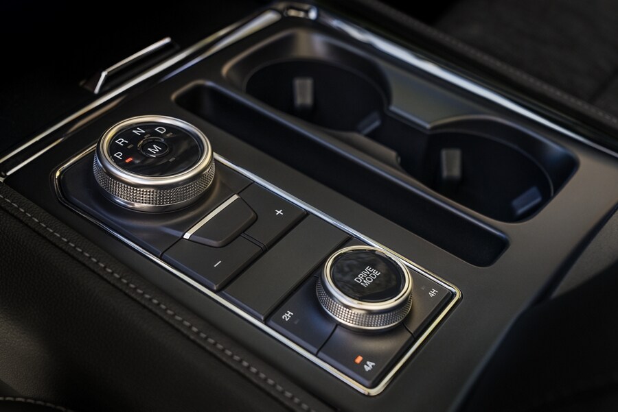A close-up of the knobs controlling the 10-speed SelectShift® automatic transmission