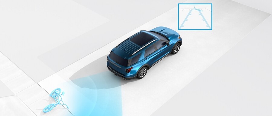 Graphic of a 2023 Ford Explorer® SUV demonstrating the Rear View Camera