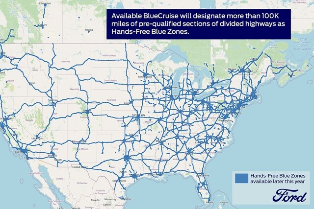 A map of the United States and Canada showing the range of Hands-Free Blue Zones