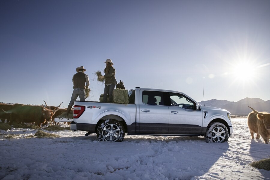Two people standing in the bed of a 2023 Ford F-150® Powerboost™ hybrid parked on a snowy plain