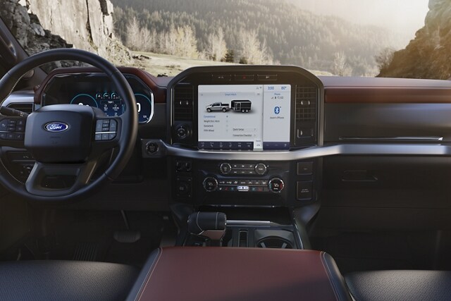 A 2023 Ford F-150® interior close up with Smart Hitch technology on the center touchscreen