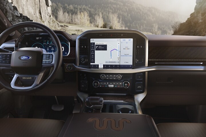 Close-up of the 12-inch center stack touchscreen in a 2023 Ford F-150®