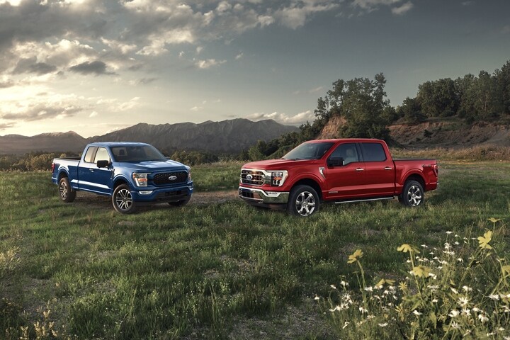 Two 2023 Ford F-150® pickups parked in a field