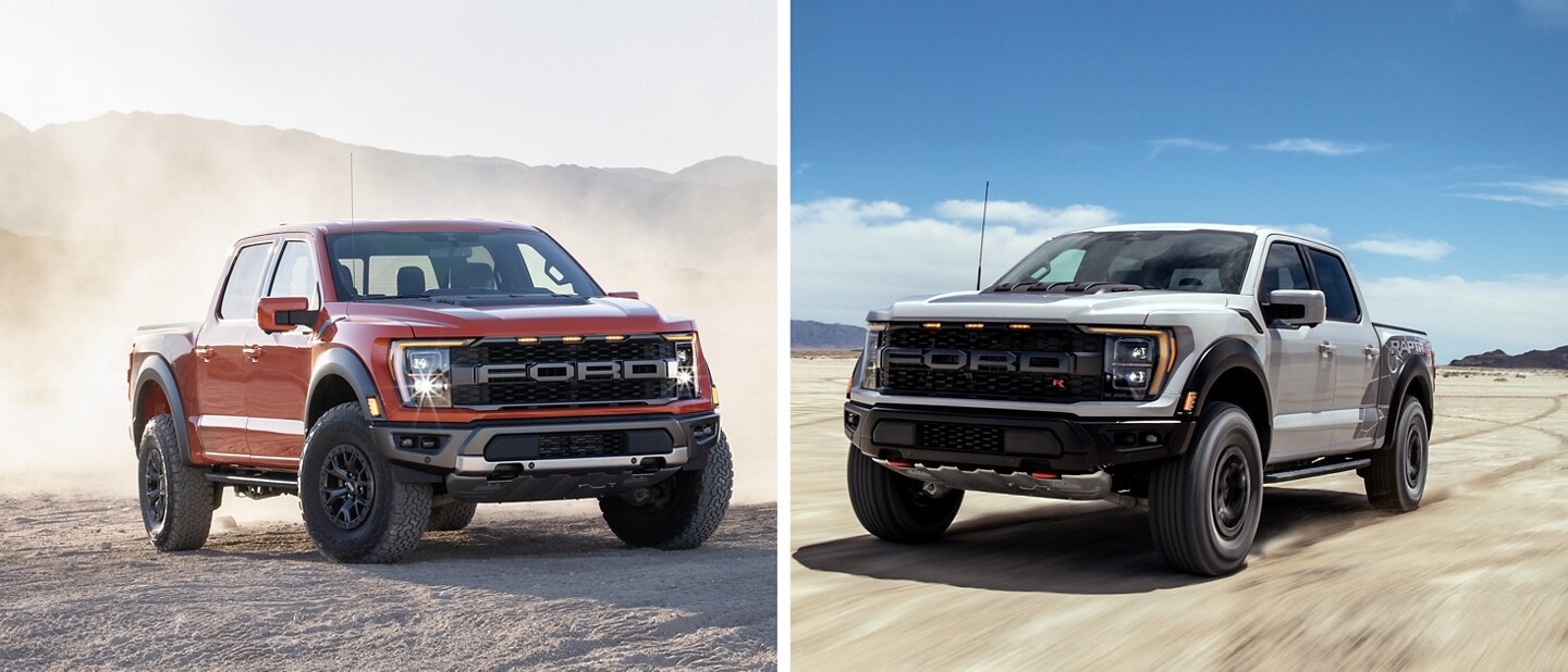 Una Ford F-150® Raptor™ 2023 y una Ford F-150® Raptor R™ 2023 estacionadas en el desierto