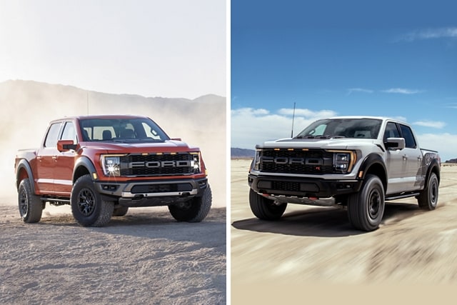 A 2023 Ford F-150® Raptor™ and a 2023 Ford F-150® Raptor R™ parked in the desert