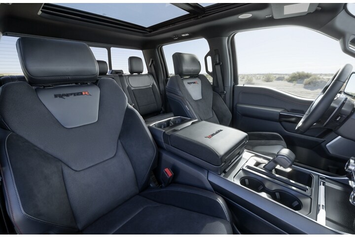 Interior of the 2023 Ford F-150® Raptor R™ showcasing the RECARO® seats and center console
