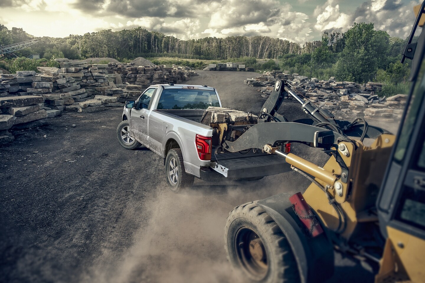  3.5L EcoBoost V6 Ford F-150 driving into construction site while staying stable with trailer sway control