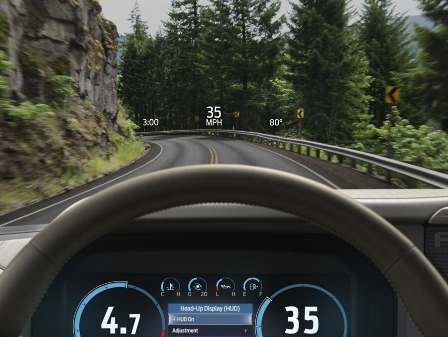 Driver's perspective looking at the Head-Up Display image projected on to the windshield
