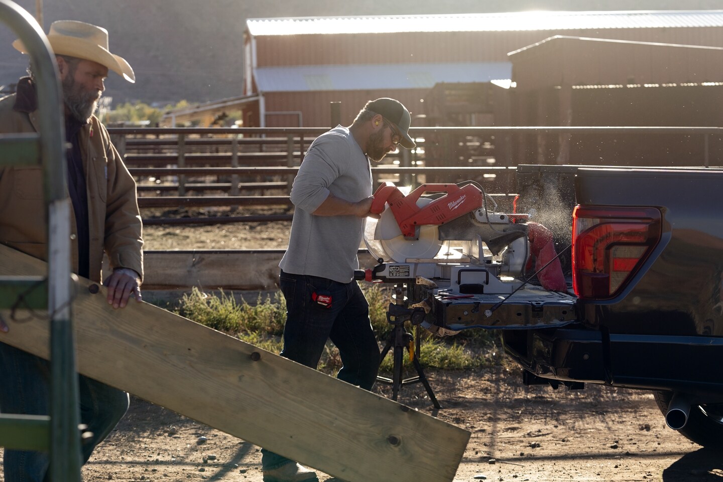 Pro Power Onboard power being used to power a milwaukee miter saw from the F-150 truck bed