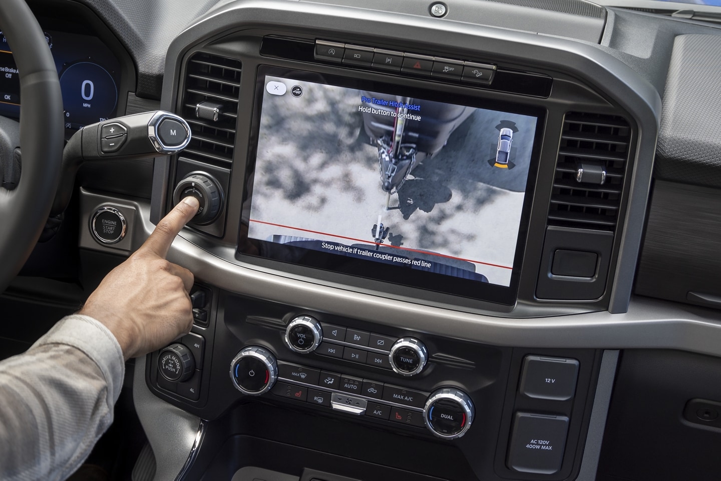  Pro Trailer hitch assist displaying real time camera view of the trailer being connected automatically to the F-150 pickup truck