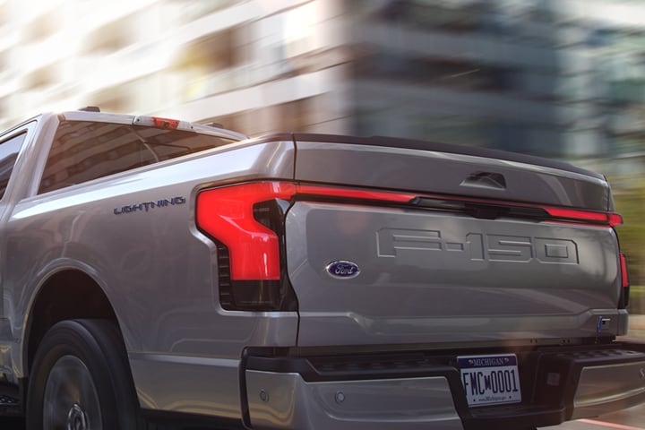 Close-up of the rear badging of a 2023 Ford F-150 Lightning®