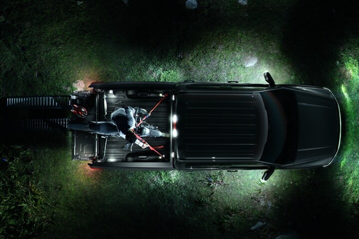 An overhead view of a 2023 Ford F-150 Lightning® with LED box lighting