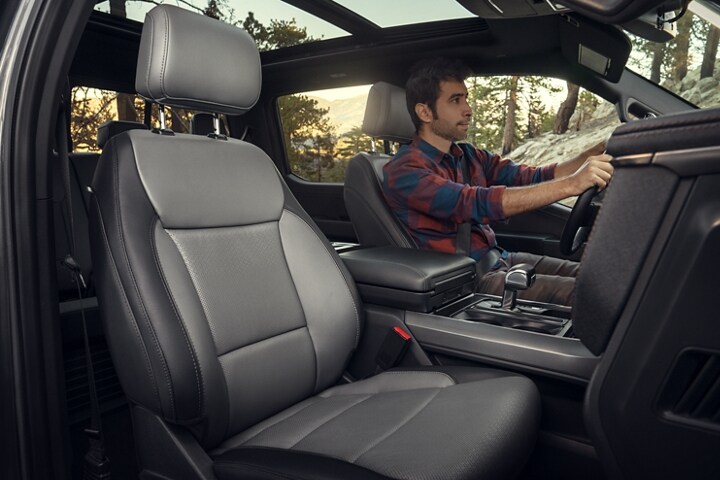 Interior of the 2023 Ford F-150 Lightning® Platinum beautiful nirvana leather front seats