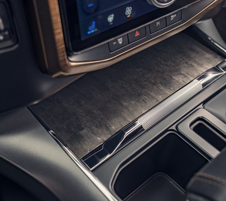 Close-up of the oak accents on the center console