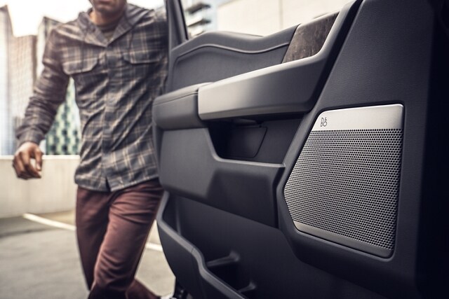 Interior door panel highlights the speaker as person opens door