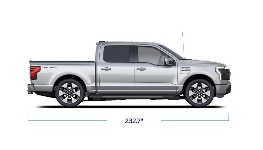 Profile of a 2023 Ford F-150 Lightning® with bumper-to-bumper measurement