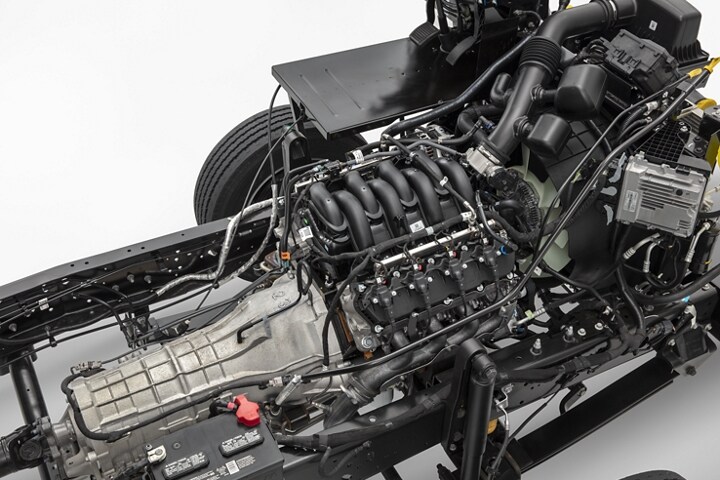 Close-up of the 7.3-liter V8 engine in the 2023 Ford F-59 Commercial Stripped Chassis