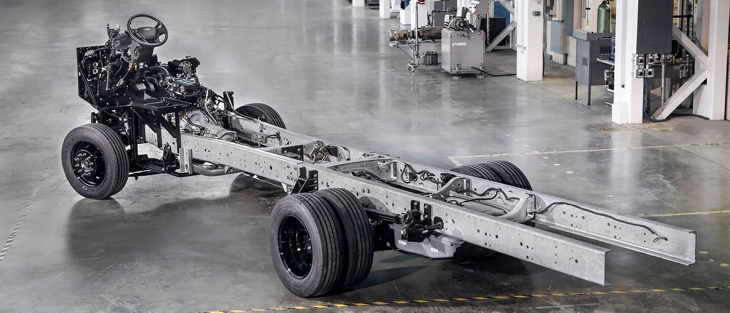 A 2023 Ford Commercial Stripped Chassis in a warehouse