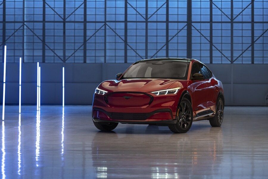 2023 Ford Mustang Mach-E® with Black Appearance Package in a futuristic garage