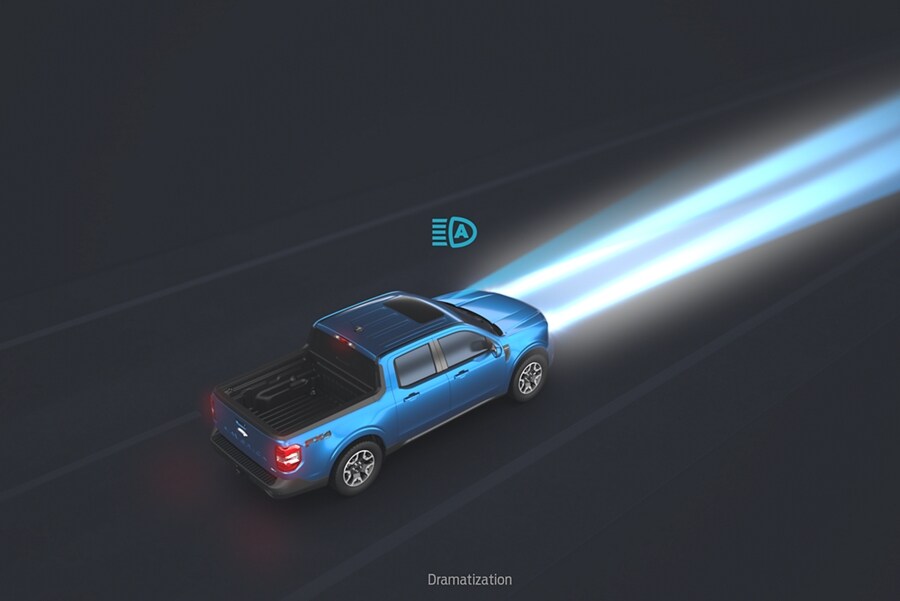 Illustration of a 2023 Ford Maverick® truck in the dark with the auto high-beam headlamps on