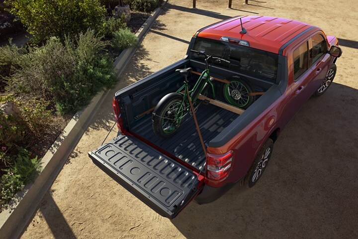Overhead view of Hot Pepper Red 2023 Ford Maverick® LARIAT model with bike rack