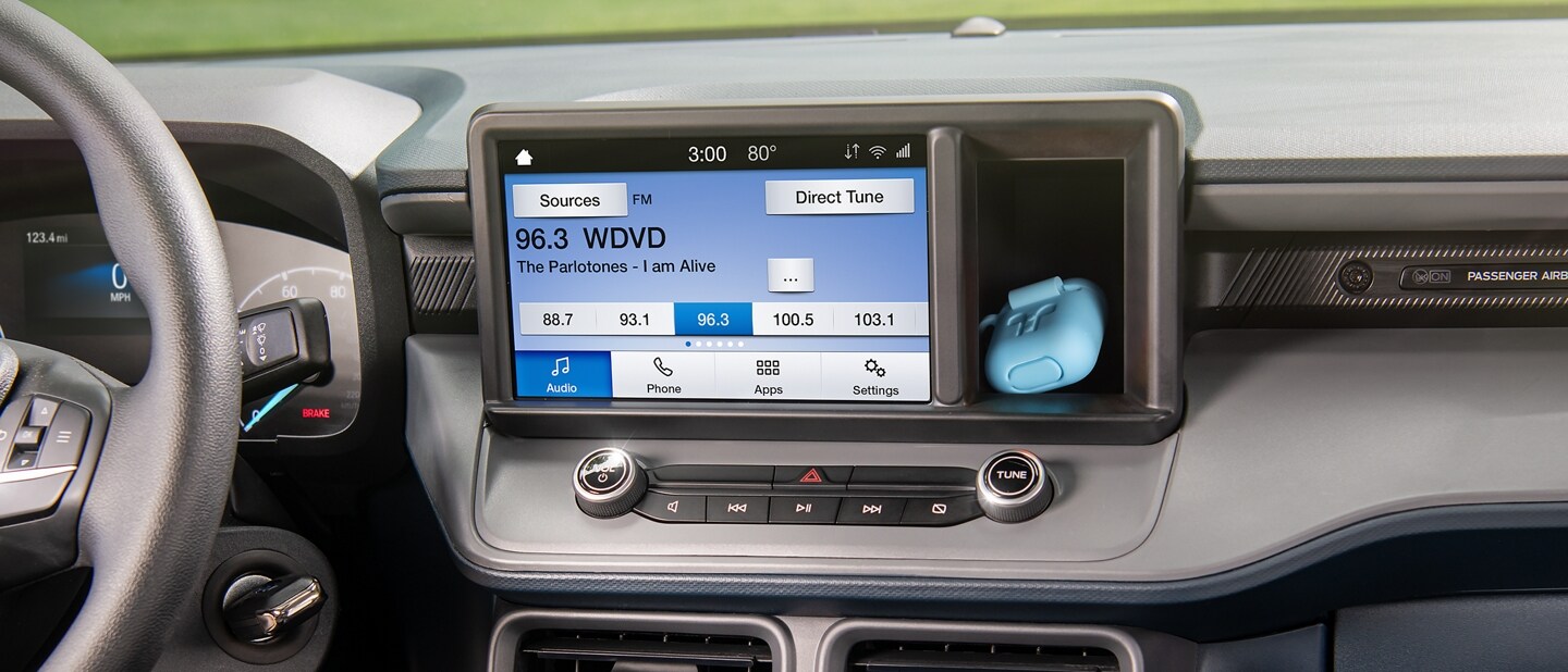 A close-up of the dash featuring Apple CarPlay® and Android Auto™ in a 2024 Ford Maverick®