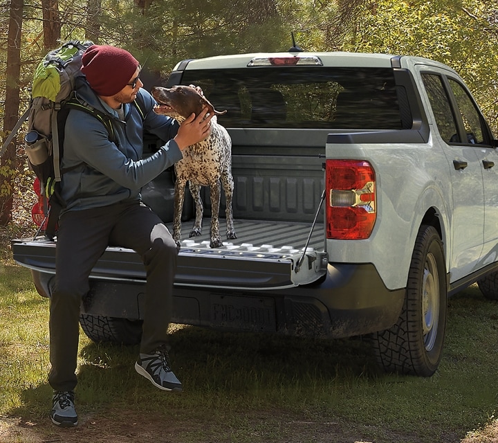 A 2024 Ford Maverick® truck in Cactus Gray is parked in a scenic location with a person and a dog in the truck bed