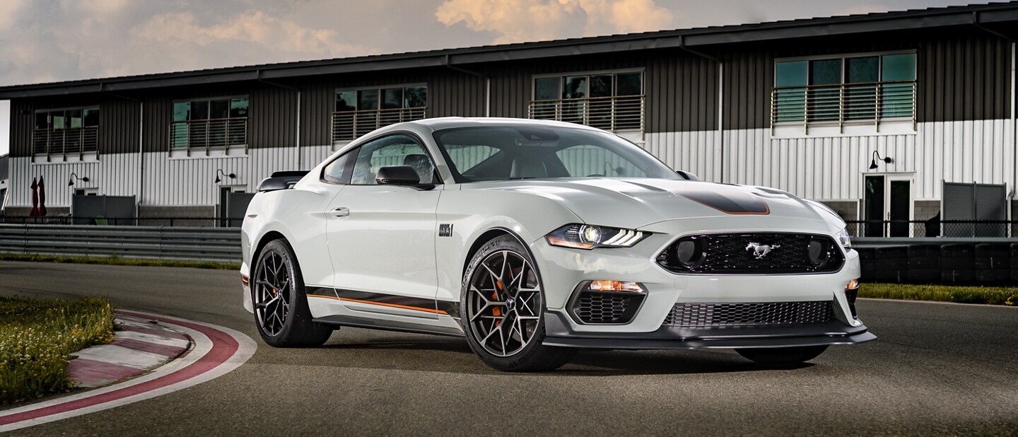 A 2021 Ford Mustang Mach one parked on a track