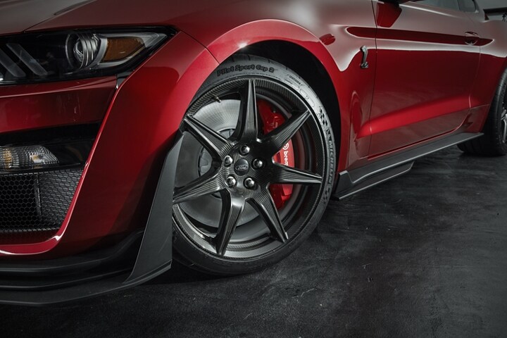 Close up of a 2021 Ford Mustang G T 500 wheel and front brake