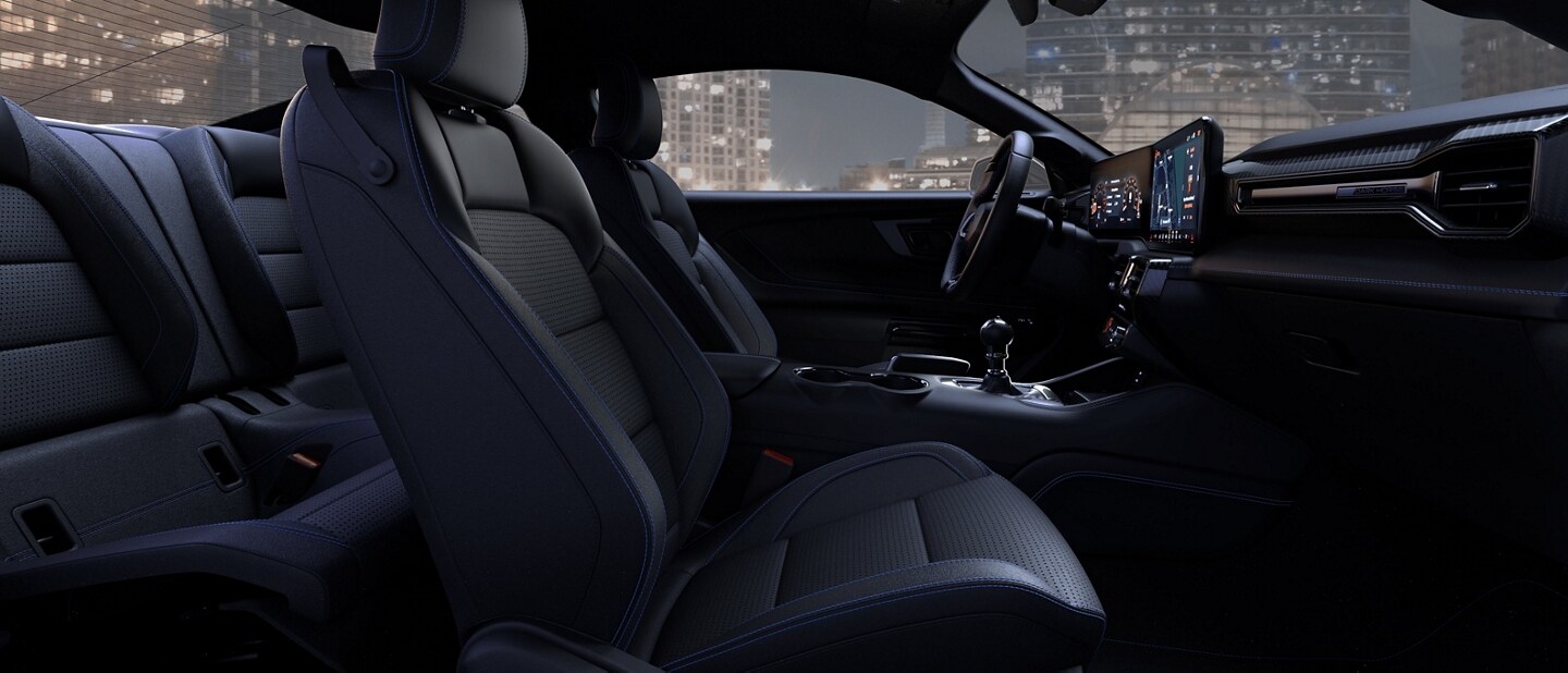 2024 Mustang® Dark Horse™ interior showing the available black/blue Dinamica interior environment