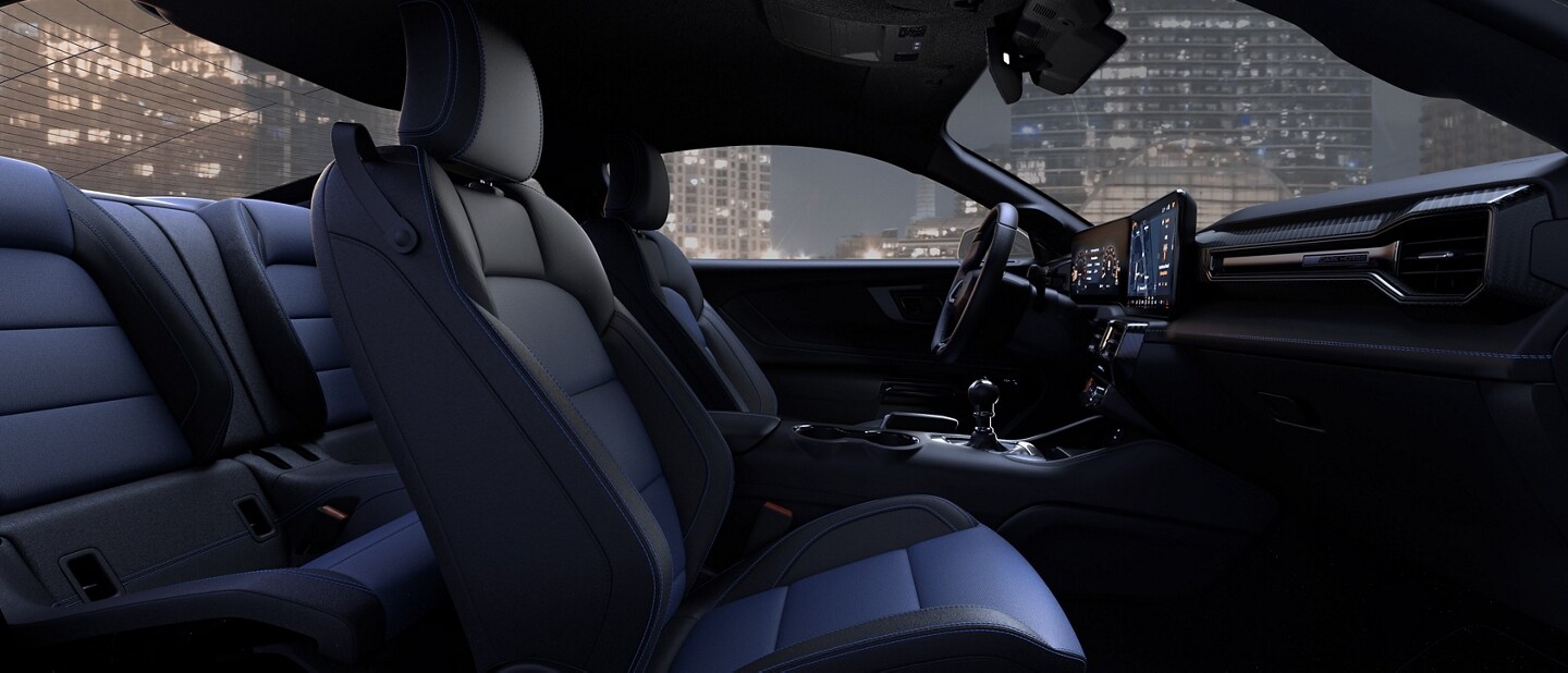 2024 Mustang® Dark Horse™ interior showing the available black cloth with blue accents interior environment
